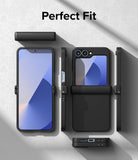 Galaxy Z Flip 7 FE Case | Slim Hinge - Exploded view of a black phone case showing precise cutouts and hinge protection.
