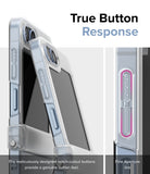 Galaxy Z Flip 7 FE Case | Slim Hinge - Close-up of clear phone case buttons with precise cutouts for tactile response.
