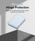 Galaxy Z Flip 7 FE Case | Slim Hinge - Folded phone in a clear protective case resting on a sharp corner edge.