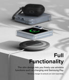 Galaxy Z Flip 7 FE Case | Slim Hinge - A folded phone in a clear case wirelessly charging on a pad with earbuds nearby.