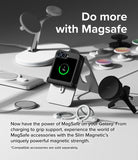 Galaxy Z Flip 7 FE Case | Slim Hinge Magnetic - Foldable phone in a black magnetic case charging on a metal stand.