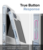 Galaxy Z Flip 7 FE Case | Slim Hinge Magnetic - Close-up of phone case buttons with notch-cutouts for tactile feel.