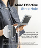 Galaxy Z Flip 7 FE Case | Slim Hinge Magnetic - Person holding a phone with a clear case featuring a small, reinforced strap hole for accessories.