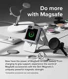 Galaxy Z Flip 7 FE Case | Slim Hinge Magnetic - Foldable phone in a clear magnetic case on a stand, surrounded by various MagSafe accessories.