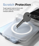Galaxy Z Flip 7 FE Case | Slim Hinge Magnetic - A metal key pressing against a clear magnetic phone case to demonstrate scratch resistance.