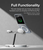 Galaxy Z Flip 7 FE Case | Slim Hinge Magnetic - Foldable phone in a clear magnetic case wirelessly charging on a sleek chrome stand.