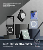 Galaxy Z Flip 6 Case | Slim Hinge Magnetic - Three magnetic phone cases displayed on geometric pedestals with a charger.