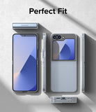 Galaxy Z Flip 7 FE Case | Slim - Exploded view of a light blue Galaxy Z Flip phone in a clear slim case on a gray background.