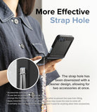 Galaxy Z Flip 7 FE Case | Slim - Person holding a black phone case with a close-up inset showing a strap hole with two cords.