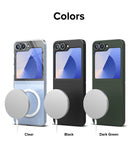 Galaxy Z Flip 7 FE Case | Slim Magnetic - Three Galaxy Z Flip cases in clear, black, and dark green with magnetic chargers.