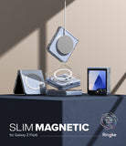 Galaxy Z Flip 6 Case | Slim Magnetic - Clear magnetic cases for Galaxy Z Flip 6 displayed on a pedestal with a charger.