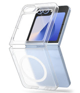 Galaxy Z Flip 7 FE Case | Slim Magnetic - Clear magnetic case hovering over a light blue foldable smartphone.