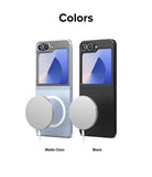 Galaxy Z Flip 7 FE Case | Slim Magnetic - Matte clear and black magnetic phone cases shown with magnetic chargers.