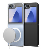 Galaxy Z Flip 6 Case | Slim Magnetic - Two Galaxy Z Flip 6 phones in clear and black cases with a magnetic charger attached.