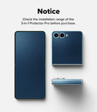 Galaxy Z Flip 7 Screen Protector | 3-in-1 Protector Pro - Blue carbon fiber 3-in-1 protector applied to the screen, back, and hinge of a phone.