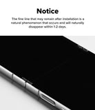 Galaxy Z Flip 7 Screen Protector | 3-in-1 Protector Pro - Text notice about a temporary installation line on a foldable phone screen.