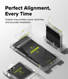 Galaxy Z Flip 7 Screen Protector | 3-in-1 Protector Pro - A foldable phone in an installation tray with a screen protector film being applied.