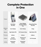 Galaxy Z Flip 7 Screen Protector | 3-in-1 Protector Pro - Comparison chart for inner, cover, and hinge protectors with material and feature specs.