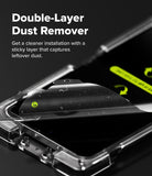 Galaxy Z Flip 7 Screen Protector | 3-in-1 Protector Pro - A sticky dust-removing layer being peeled off a smartphone screen during installation.