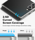 Galaxy Z Flip 7 Screen Protector | Cover Display Tempered Glass Pro (2 Pack) - Close-up of 2.5D curved glass edges on a folded phone, comparing smooth fit to flat edges.