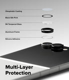 Galaxy Z Flip 7 | Camera Lens Frame Glass (2 Pack) - Exploded view of camera lens protector layers including glass, aluminum frame, and adhesive.