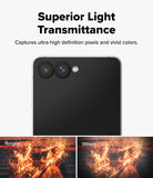 Galaxy Z Flip 7 | Camera Lens Frame Glass (2 Pack) - Camera lens protectors on a phone showing a comparison of high-clarity fire photos versus blurry ones.