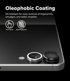 Galaxy Z Flip 7 | Camera Lens Frame Glass (2 Pack) - Camera lens protectors on a phone back with text highlighting oleophobic, anti-fingerprint coating.