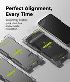 Galaxy Z Flip 7 Screen Protector | Dual Easy Pro Film (2 Pack) - Two phones in clear installation trays with screen protector films being applied.