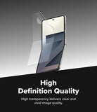 Galaxy Z Flip 7 Screen Protector | Dual Easy Pro Film (2 Pack) - Clear film being applied to a folded Galaxy Z Flip 7 smartphone screen.