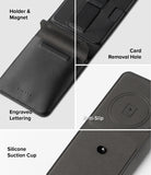 Galaxy Z Flip 7 Cover | Folio Grip Wallet Magnetic - Features of black folio wallet showing card holder, removal hole, engraved logo, and suction cup.