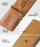 Galaxy Z Flip 7 Cover | Folio Grip Wallet Magnetic - Brown leather wallet case showing card holder, removal hole, engraved logo, anti-slip ring, and suction cup.