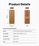 Galaxy Z Flip 7 Cover | Folio Grip Wallet Magnetic - Technical diagram showing dimensions, weight, and material specifications for the brown folio wallet.