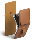 Galaxy Z Flip 7 Cover | Folio Grip Wallet Magnetic - Tan leather folio wallet case with a magnetic strap and finger grip holding a clear phone case.