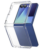 Galaxy Z Flip 7 Clear | Fusion - A clear protective case hovering over a folded blue Samsung Galaxy Z Flip 7 smartphone.