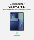 Galaxy Z Flip 7 Clear | Fusion - A blue Galaxy Z Flip 7 phone shown folded and unfolded with text confirming device compatibility.