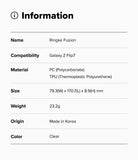 Galaxy Z Flip 7 Clear | Fusion - Specification table for Ringke Fusion case for Galaxy Z Flip7 listing materials and dimensions.