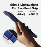 Galaxy Z Flip 7 Clear | Fusion - Hand holding a blue phone in a clear case with text highlighting its 23.2g weight and 2.0mm thickness.