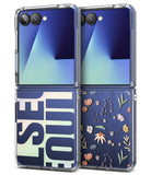 Galaxy Z Flip 7 Case | Fusion Design - Two Galaxy Z Flip phones in clear cases, one with bold typography and one with floral patterns.