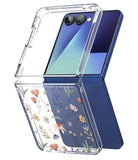 Galaxy Z Flip 7 Case | Fusion Design - Clear floral case partially installed on a folded blue Samsung Galaxy Z Flip 7.