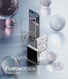 Galaxy Z Flip 7 Case | Fusion Design - Clear floral cases for Galaxy Z Flip 7 displayed with glass spheres on a blue surface.