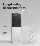 Galaxy Z Flip 7 Case | Fusion Design - Exploded view of a clear phone case with a floral print layer and a Galaxy Z Flip 7.