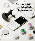 [Combo] Galaxy Z Flip 7 | Folio Grip Wallet Magnetic + Fusion Magnetic - Galaxy Z Flip 7 - A clear phone case with a magnetic ring on a white surface surrounded by various MagSafe accessories.