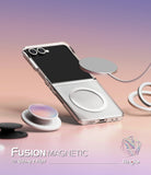 [Combo] Galaxy Z Flip 7 | Folio Grip Wallet Magnetic + Fusion Magnetic - Galaxy Z Flip 7 - Clear magnetic phone case on a Galaxy Z Flip 7 with floating magnetic accessories on a gradient background.