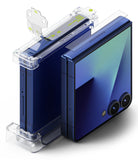 Galaxy Z Flip 7 Screen Protector | Hinge Dual Easy Pro Film (2 Pack) - Blue phone in a clear plastic installation guide applying a hinge film protector.