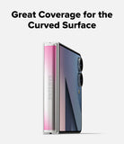 Galaxy Z Flip 7 Screen Protector | Hinge Dual Easy Pro Film (2 Pack) - A folded phone showing a pink protective film applied to the curved hinge surface.