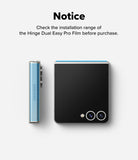 Galaxy Z Flip 7 Screen Protector | Hinge Dual Easy Pro Film (2 Pack) - Notice text above a folded phone showing blue highlighted hinge coverage areas.
