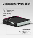 Galaxy Z Flip 7 Case | Onyx - Folded phone in black case highlighting 3.3mm cover display bezel and 1.0mm camera edge protection.