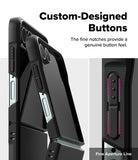 Galaxy Z Flip 7 Case | Onyx - Close-up of black phone case buttons with textured grips and fine notches for tactile feedback.