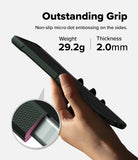 Galaxy Z Flip 7 Case | Onyx - Hand holding phone case with micro-dot side texture, highlighting 29.2g weight and 2.0mm thickness.