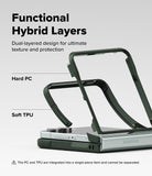 Galaxy Z Flip 7 Case | Onyx - Exploded view showing hard PC and soft TPU layers of a dark green phone case on a Z Flip.